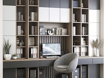 Modern Home Office Desk With Bookshelf Comfortable Chair Computer And Green Plants 3d model
