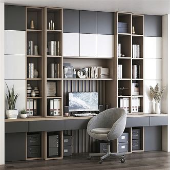 Modern Desk Chair Integrated Desk Chair Bookcase Display 3d model