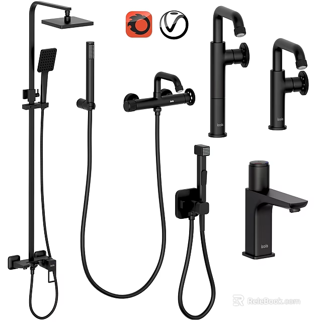 Modern Black Bathroom Water Faucets With Shower Heads Handheld Sprayers And Fixtures 3d model 