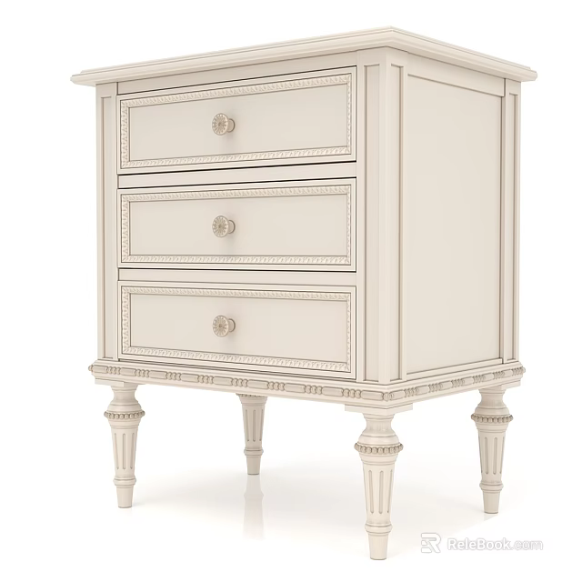 Classic Wooden Bedside Table With Three Drawers Round Knobs Carved Legs And Detailed Trim 3d model 