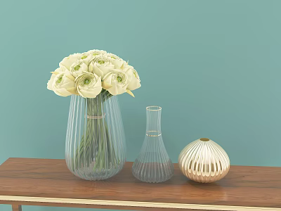 White Flowers in Transparent Vase with Small Golden Vase on Wooden Table Light Blue Background 3d model