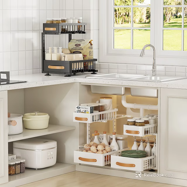 Organized Spice Bottles In Modern Kitchen Interior Design With Drawer Storage And Cabinets 3d model 