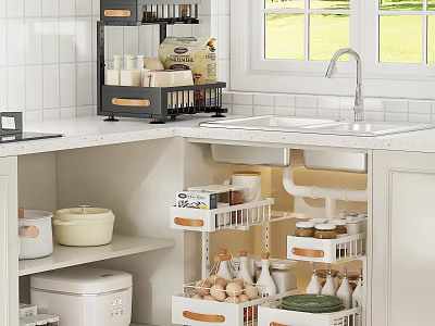 Organized Spice Bottles In Modern Kitchen Interior Design With Drawer Storage And Cabinets 3d model