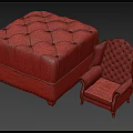 Red Tufted Leather Single Seater Sofa with Diamond Pattern and Matching Square Ottoman 3d model