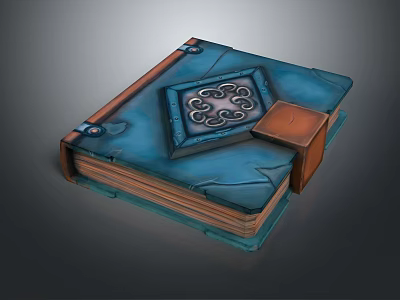 Enchanted Book With Blue Cover Metallic Spiral Design And Attached Brown Wooden Box 3d model