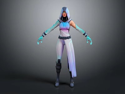 Game Movie Character With Hooded Outfit Gradient Colors Futuristic Tech Inspired Sleeves And Glowing Gloves 3d model