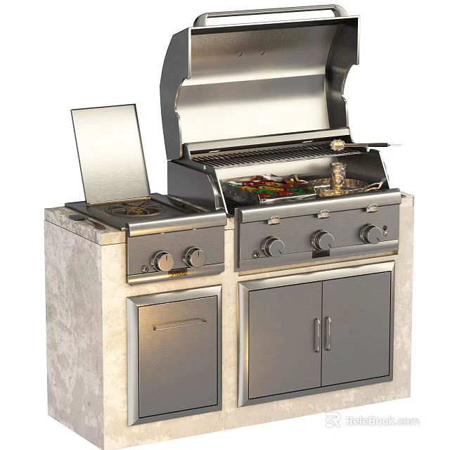 Modern Stainless Steel Grill With Open Lid Cooking Area And Cabinet Storage For Outdoor Kitchen 3d model 