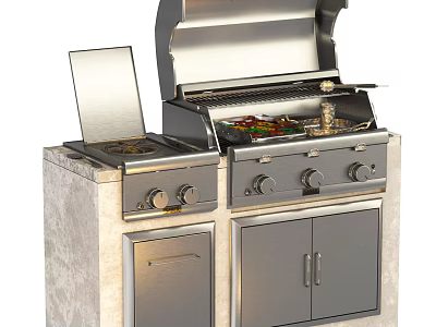 Modern Stainless Steel Grill With Open Lid Cooking Area And Cabinet Storage For Outdoor Kitchen 3d model