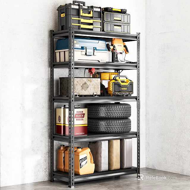 Sturdy Metal Multi tier Garage Shelf With Tools Tire Storage Boxes And Fuel Cans 3d model 