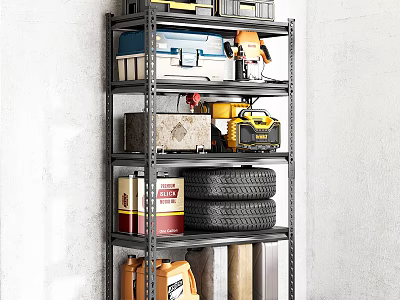 Sturdy Metal Multi tier Garage Shelf With Tools Tire Storage Boxes And Fuel Cans 3d model