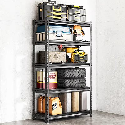 Sturdy Metal Multi tier Garage Shelf With Tools Tire Storage Boxes And Fuel Cans 3d model
