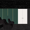 Home Theater Room Featuring Starry Ceiling Vertical Lights White Double Doors And Black Leather Seats