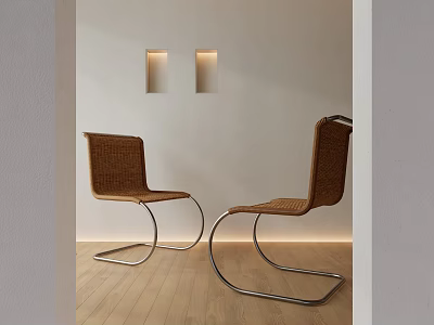 Wicker Leisure Chairs With Curved Metal Legs Against Light Wall And Wooden Floor 3d model