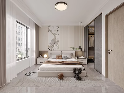 Modern Bedroom Interior With Bed Nightstands Ceiling Light Curtains And Wall Art 3d model