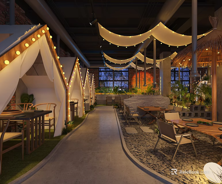 Charming Restaurant Featuring Tent Like Booths Hanging White Canopies String Lights Wooden Tables And Plants 3d model 