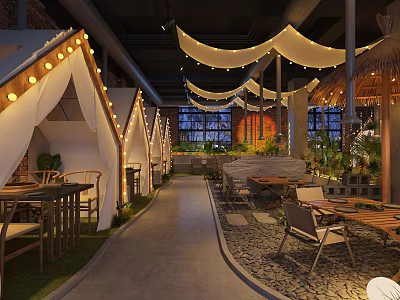 Charming Restaurant Featuring Tent Like Booths Hanging White Canopies String Lights Wooden Tables And Plants 3d model