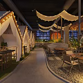Charming Restaurant Featuring Tent Like Booths Hanging White Canopies String Lights Wooden Tables And Plants