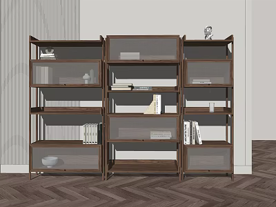 Modern Wooden Shelf Unit With Glass Doors Multiple Shelves Books And Decorative Items 3d model