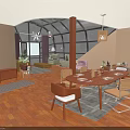 Bright Interior Space With Glass Walls Dining Table Wooden Chairs Plants And Hanging Lamp