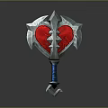 Cracked Red Heart Shaped War Hammer With Silver Accents And Blue Handle