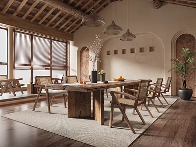 Natural Rustic Dining Room With Wooden Table Chairs Pendant Lights And Large Windows 3d model