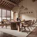 Natural Rustic Dining Room With Wooden Table Chairs Pendant Lights And Large Windows
