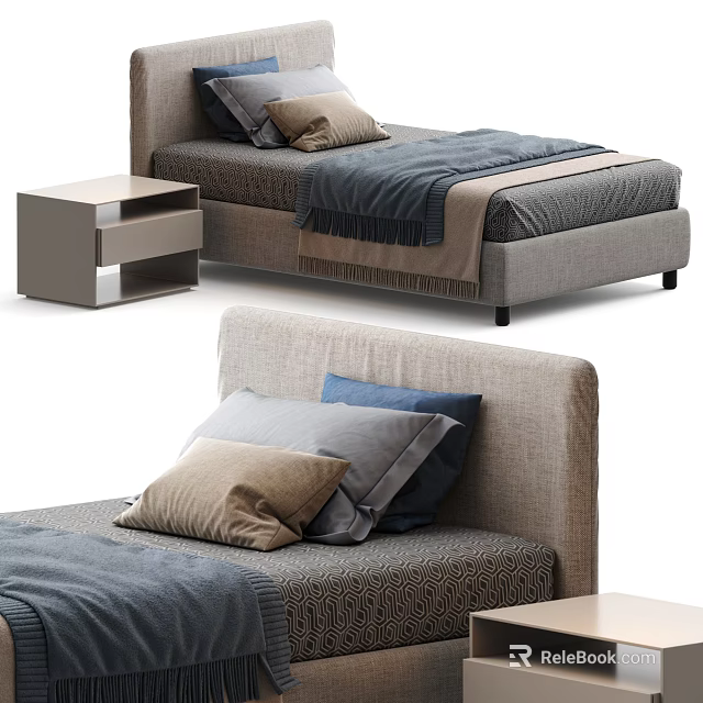Modern Single Bed With Upholstered Headboard Colorful Pillows Bedside Table And Soft Blanket 3d model 