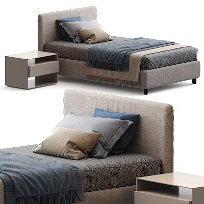 Modern Single Bed With Upholstered Headboard Colorful Pillows Bedside Table And Soft Blanket 3d model