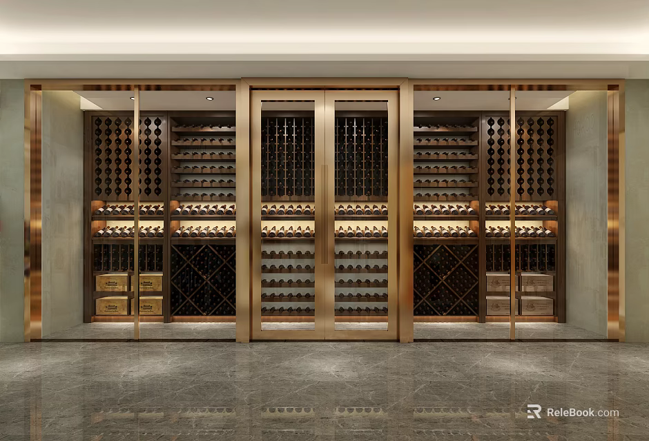 Luxury Wine Cellar Interior Design With Metal Doors Wine Racks And Marble Floor 3d model 