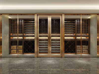 Luxury Wine Cellar Interior Design With Metal Doors Wine Racks And Marble Floor 3d model