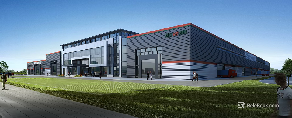 Modern Large Industrial Factory Building Featuring Steel Structure Glass Windows Green Lawn And Main Entrance 3d model 