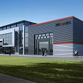 Modern Large Industrial Factory Building Featuring Steel Structure Glass Windows Green Lawn And Main Entrance