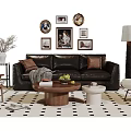 Stylish Black Leather Sofa With Coffee Table Set Wall Art Geometric Rug And Accent Chairs