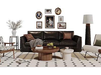 Stylish Black Leather Sofa With Coffee Table Set Wall Art Geometric Rug And Accent Chairs 3d model