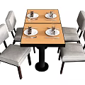 Dining Table Set with Four Light Gray Upholstered Chairs Orange Tabletop and Place Settings 3d model
