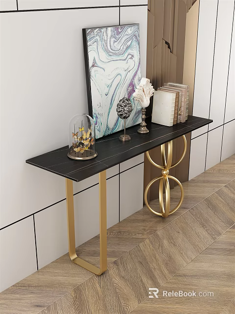 Elegant Console Table With Black Top Golden Circular Legs Decorative Painting And Flowers 3d model 