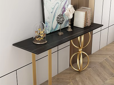 Elegant Console Table With Black Top Golden Circular Legs Decorative Painting And Flowers 3d model