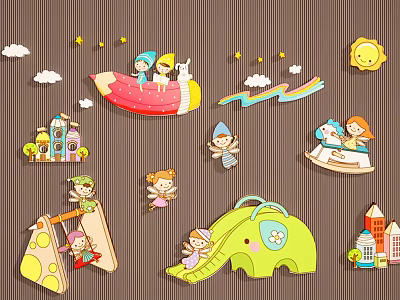 Kids Cartoon Wall Decor with Children Figures Animal Shapes Castle House Sun Cloud Rainbow Stars 3d model