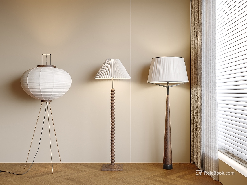 Modern Interior Featuring Three Stylish Floor Lamps With Linen Shades And Wooden Metal Bases 3d model 
