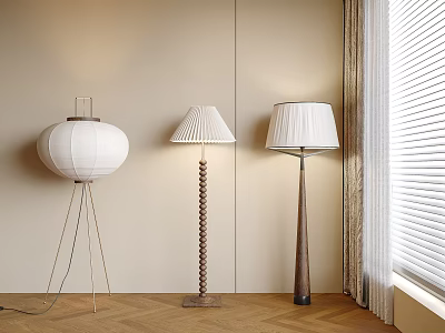 Modern Interior Featuring Three Stylish Floor Lamps With Linen Shades And Wooden Metal Bases 3d model