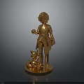 Golden Statue Standing Figure With Small Animal Companion On Circular Shiny Base