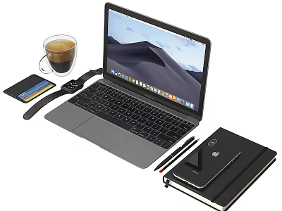Modern Laptop Desk Setup With Coffee Cup Smartwatch Notebook Phone And Pen 3d model