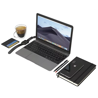 Modern Laptop Desk Setup With Coffee Cup Smartwatch Notebook Phone And Pen 3d model