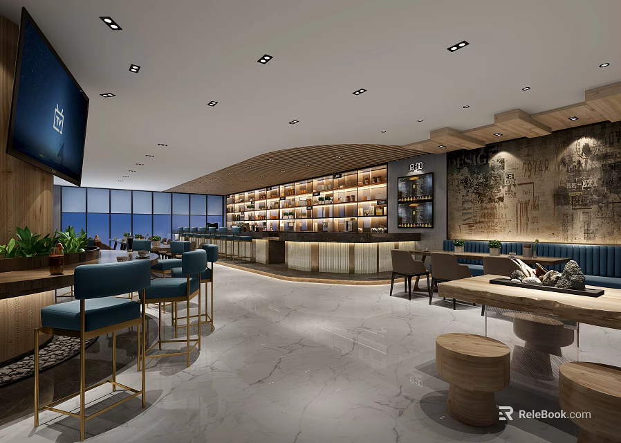 Café Interior Design With Bar Counter Bookshelves Blue Seats And Large Windows 3d model 