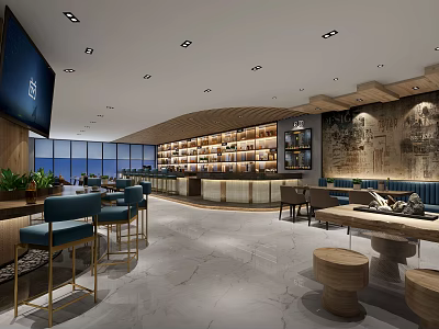 Café Interior Design With Bar Counter Bookshelves Blue Seats And Large Windows 3d model