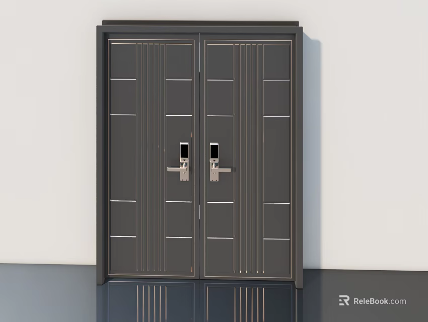 Modern Sturdy Black Double Panel Metal Security Door With Secure Lock Design 3d model