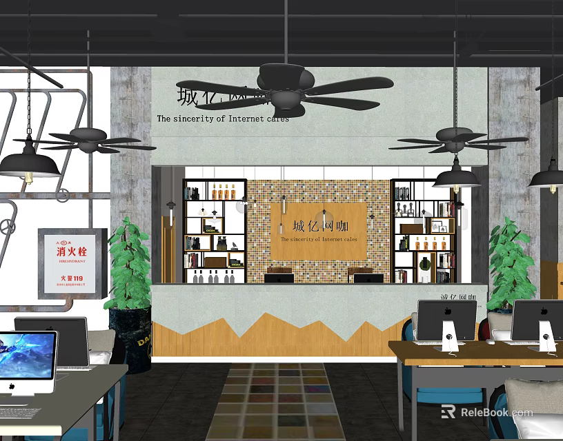 Modern Internet Cafe Interior With Reception Desk Computers Ceiling Fans Tables And Green Plants 3d model 