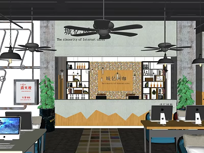 Modern Internet Cafe Interior With Reception Desk Computers Ceiling Fans Tables And Green Plants 3d model