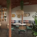 Rustic Restaurant Interior Featuring Wooden Columns Bookshelves Sofa Seating And Green Plants