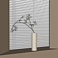 White Minimalist Vase With Delicate Floral Branches On Windowsill Against White Blinds And Black Buds